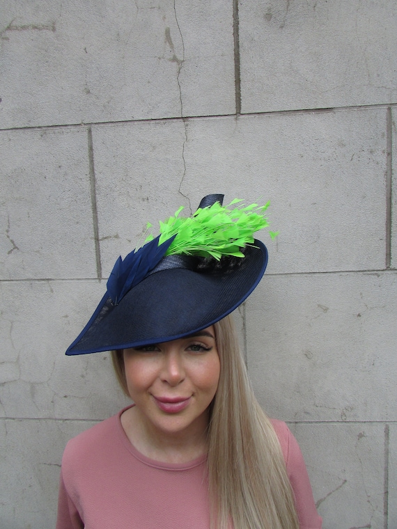 Large Navy Blue Lime Green Feather Fascinator Hat Big Teardrop
