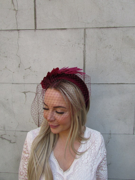 Women’s Burgundy Feather Halo Headband with Beaded Accent Handmade Burgundy Feather Fascinator Halo Padded Velvet Headband  main image 3