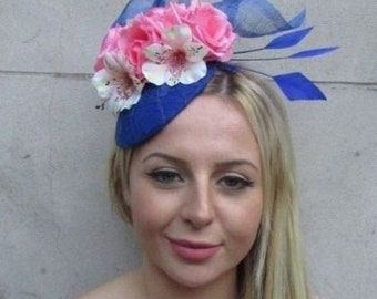 Royal Blue Coral Peach Blush Light Pink Flower Feather Hat Fascinator Hair sh-116