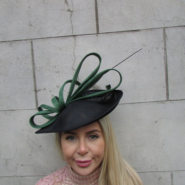 Large Black Dark Green Emerald Bottle Green Fascinator Hat Big Teardrop Headband Hatinator Wedding Races c1p