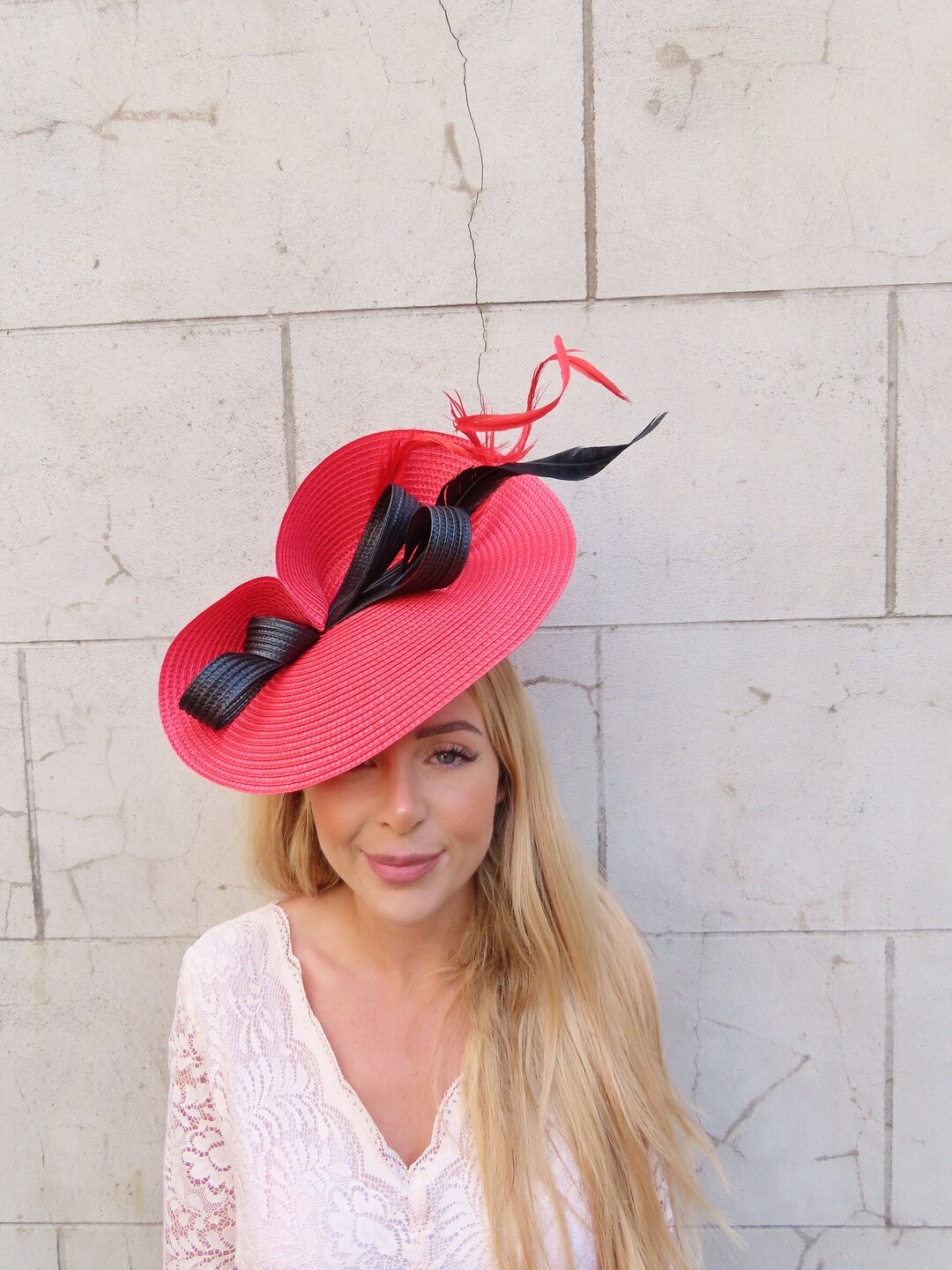 One off Piece Large Red & Black Feather Straw Style Hat Fascinator ...