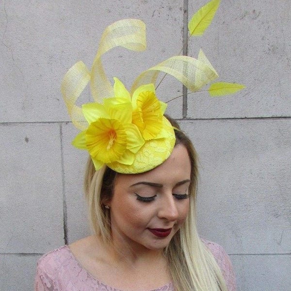 Yellow Daffodil Feather Flower Fascinator Pillbox Hat Races Ascot Floral 5022