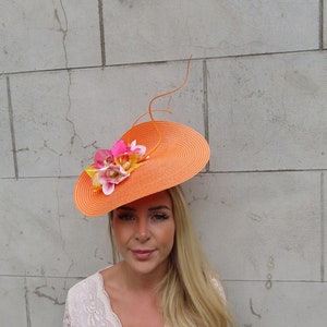 One off Piece Large Orange & Yellow Pink Orchid Flower Straw Style Hat Fascinator Wedding Races Disc Headband Hatinator Big u10408