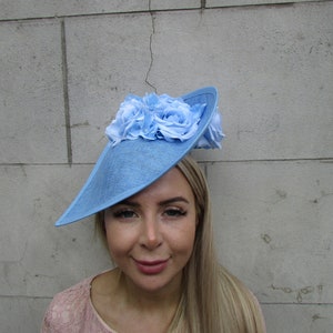Large Light Blue Rose Flower Teardrop Fascinator Hat Races Headband Wedding Guest Ladies Day Headpiece Hatinator Pale Blue ps-26