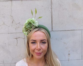 Sage Olive Khaki Green Flower Fascinator Headpiece Padded Headband Wedding Guest Races Halo u13007