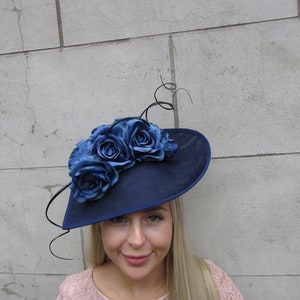 Large Navy Blue Dark Blue Flower Feather Fascinator Hat Big Teardrop Floral Hatinator Wedding Races Headpiece Starcrossed Boutique sh-112
