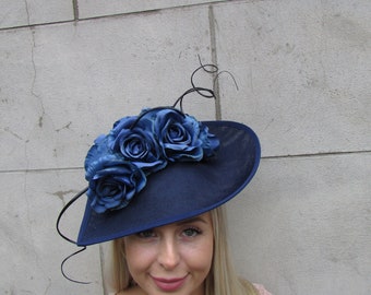 Large Navy Blue Dark Blue Flower Feather Fascinator Hat Big Teardrop Floral Hatinator Wedding Races Headpiece Starcrossed Boutique sh-112