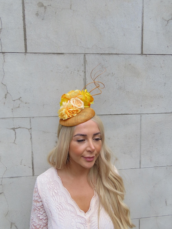 Mustard Yellow Sinamay Rose Flower Feather Pillbox Hat  display picture 1