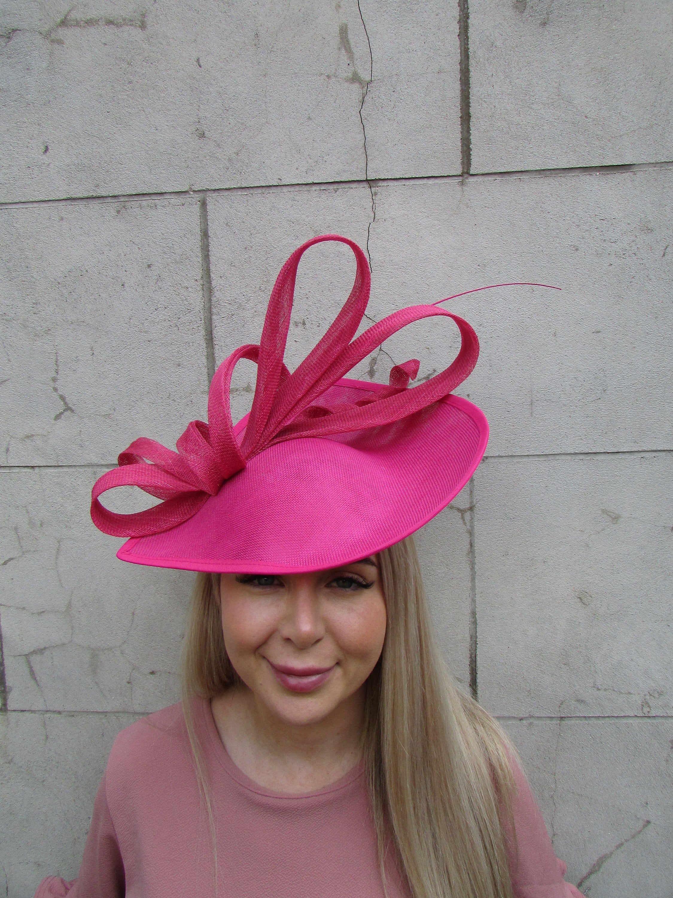 Large Hot Pink Teardrop Fascinator Hat Races Hair Headband 