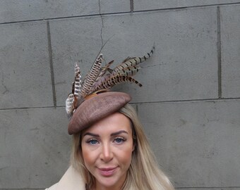 One Off Piece - Large Brown Pheasant Feather Sinamay Pillbox Hat Fascinator Headpiece Wedding Guest Races Hatinator u10112