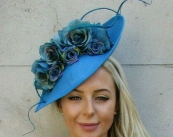 Large Teal Turquoise Blue Flower Feather Teardrop Fascinator Hat Headband sh-218