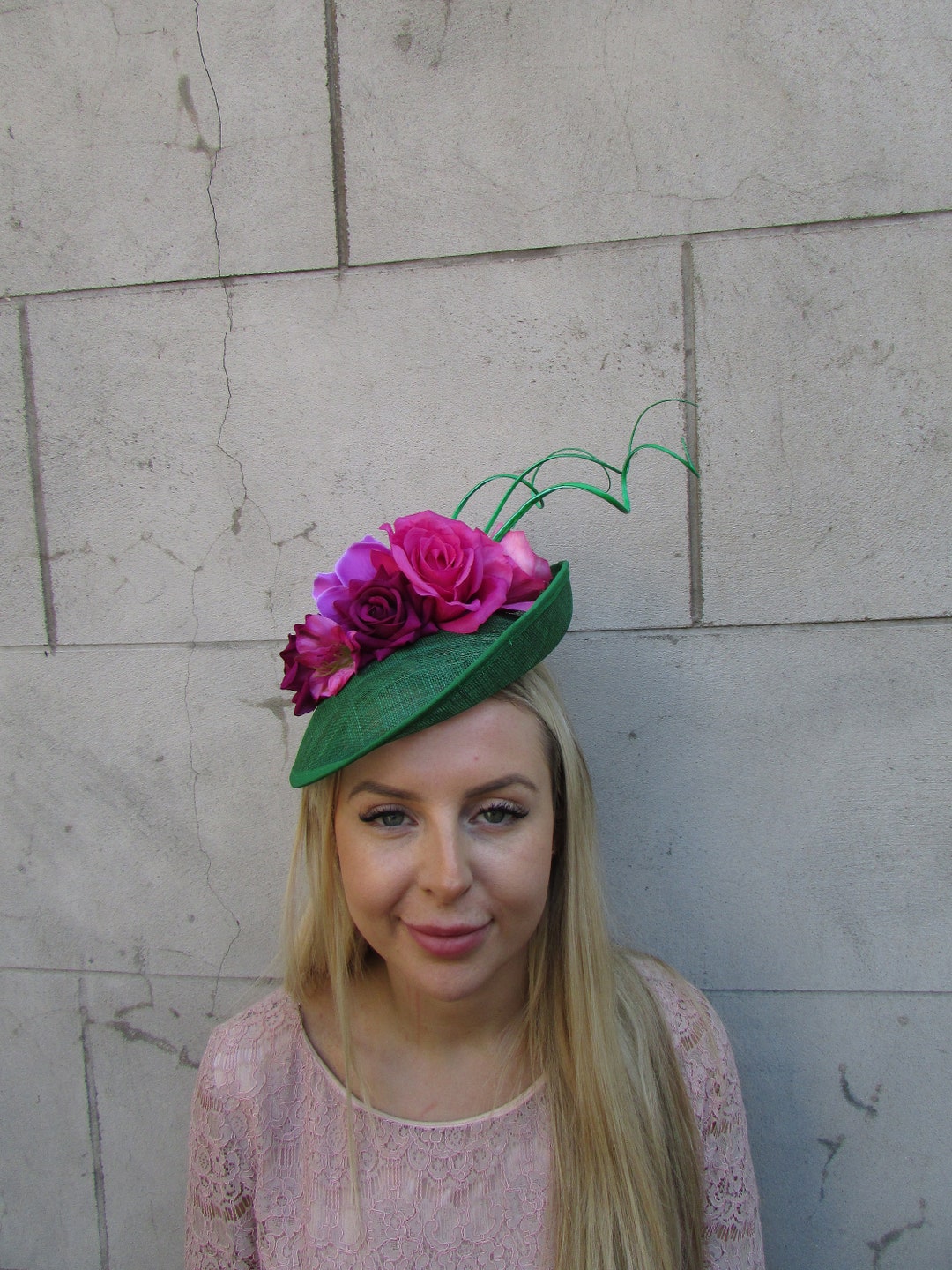 Emerald Green Fuchsia Hot Pink Magenta Flower Fascinator Feather