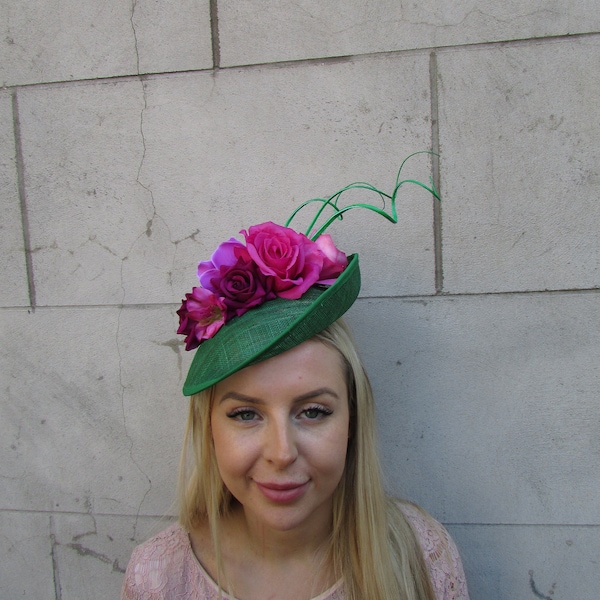 Emerald Green Fuchsia Hot Pink Magenta Flower Fascinator Feather Hat Disc Floral Races Wedding Hatinator Sinamay jkl279