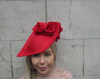 Dramatic Floral Hatinator Large Red Rose Flower Teardrop Fascinator Hat Headband Races Hair Headpiece u12603