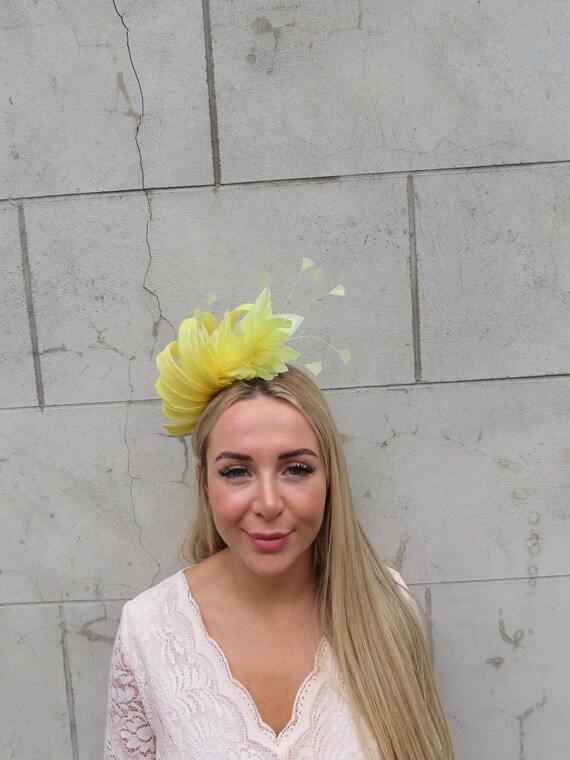 Lemon Yellow Feather Fascinator Headband Wedding Guest  display picture 2