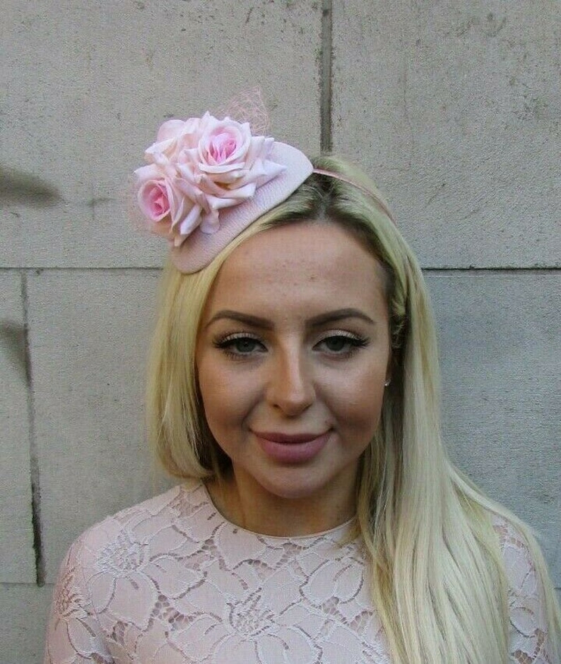 Blush Pink Light Pink Rose Flower Floral Teardrop Fascinator Hat Headband Hairband Hair Band Net Detailing Wedding Church Races 0591