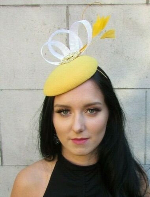 White Mustard Gold Feather Pillbox Hat 