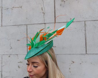 Emerald Green & Orange Mint Statement Feather Fascinator  display picture 3