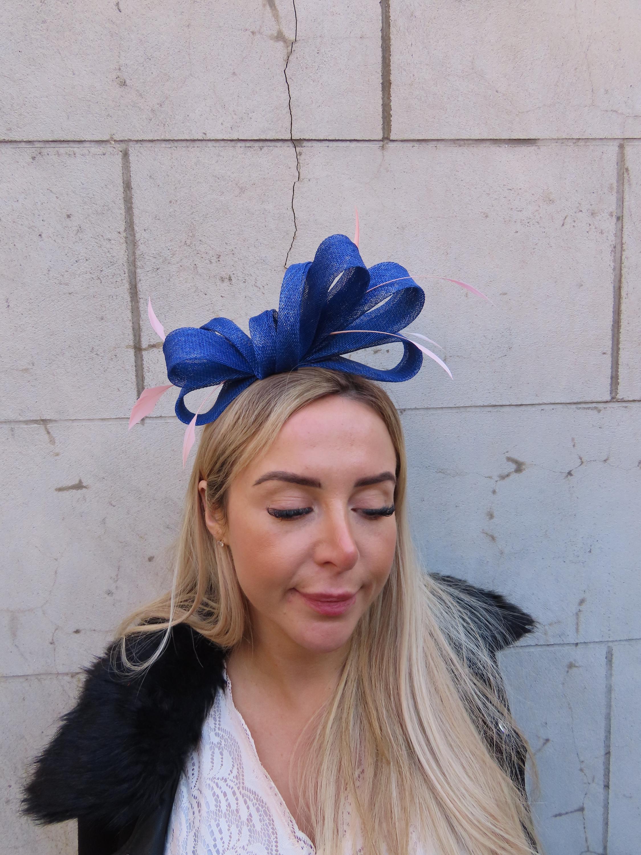 Royal Blue & Blush Dusky Pink Sinamay Feather Fascinator Headband