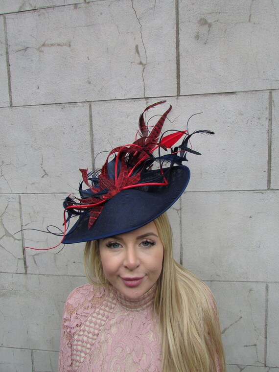 Large Navy Blue & Red Feather Fascinator Hat Pheasant Big  display picture 1