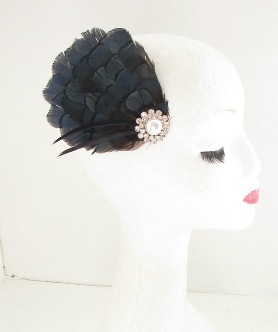 Gold Navy Blue Black Lady Amherst Pheasant Feather Fascinator Headband 40s 4176
