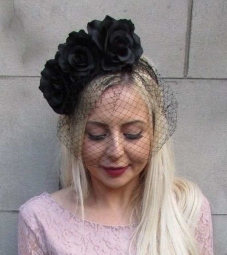 Black Rose Flower Birdcage Veil Fascinator Headband Races Etsy