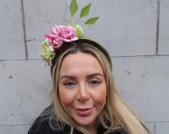 Sage Olive Khaki Green Blush Dusky Pink Floral Flower Velvet Padded Headband Fascinator Headpiece Wedding Guest Races Halo u11401