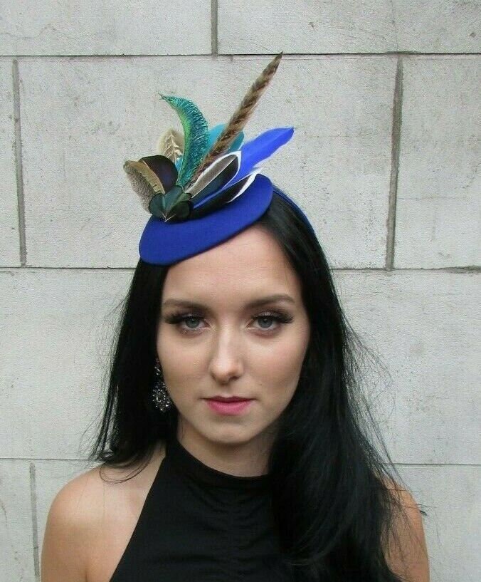 Royal Blue Teal Green Brown Peacock Pheasant Feather Pillbox Hat Fascinator 7703