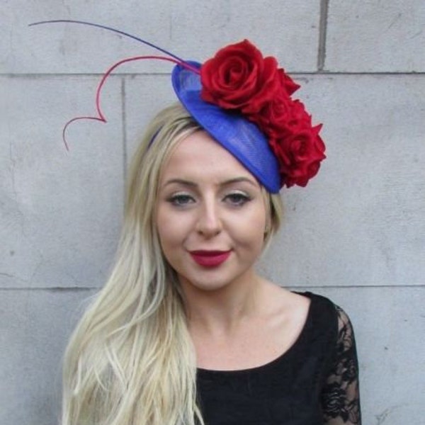 Royal Blue Red Rose Feather Flower Disc Saucer Hat Fascinator Hair Races 6758