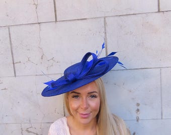 Elegant Blue Feathered Women\'s Hat Elegant Wide Brim Sinamay Fascinator Hat with Feather  main image 4