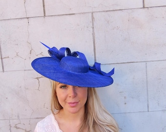 Sombrero de plumas azul real grande, tocado tipo canotier, pieza única u11803