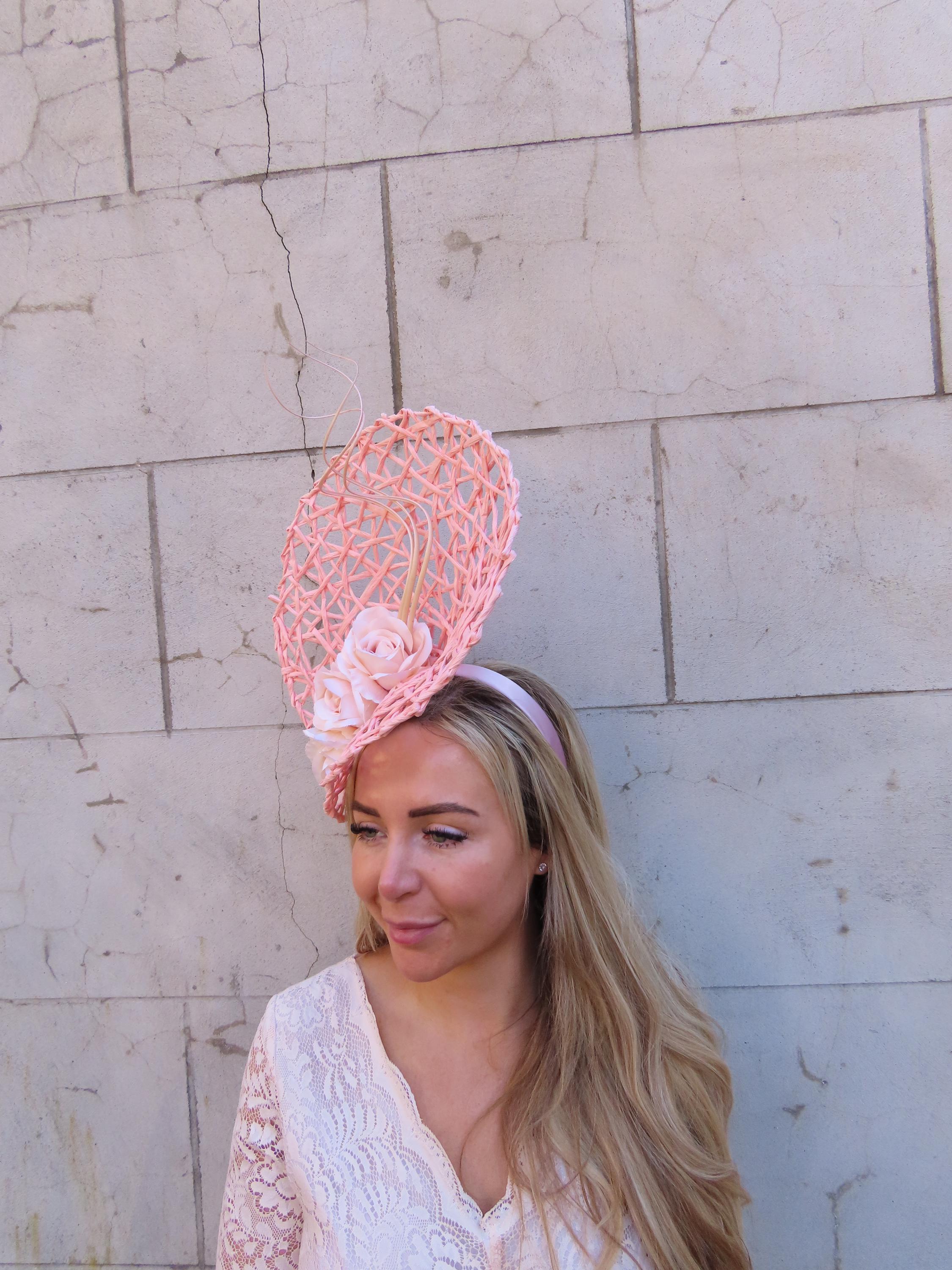 Large Blush Peach Pink Flower Feather Straw Hat Fascinator Races Big ...