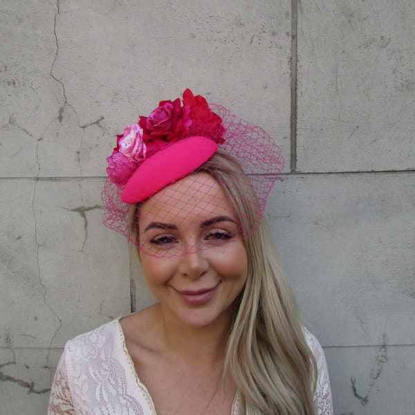 Hot Pink Cerise Fuchsia Light Pink Floral Flower Birdcage Veil Fascinator Pillbox Hat Races Wedding Guest Vintage Style Blusher sh-135