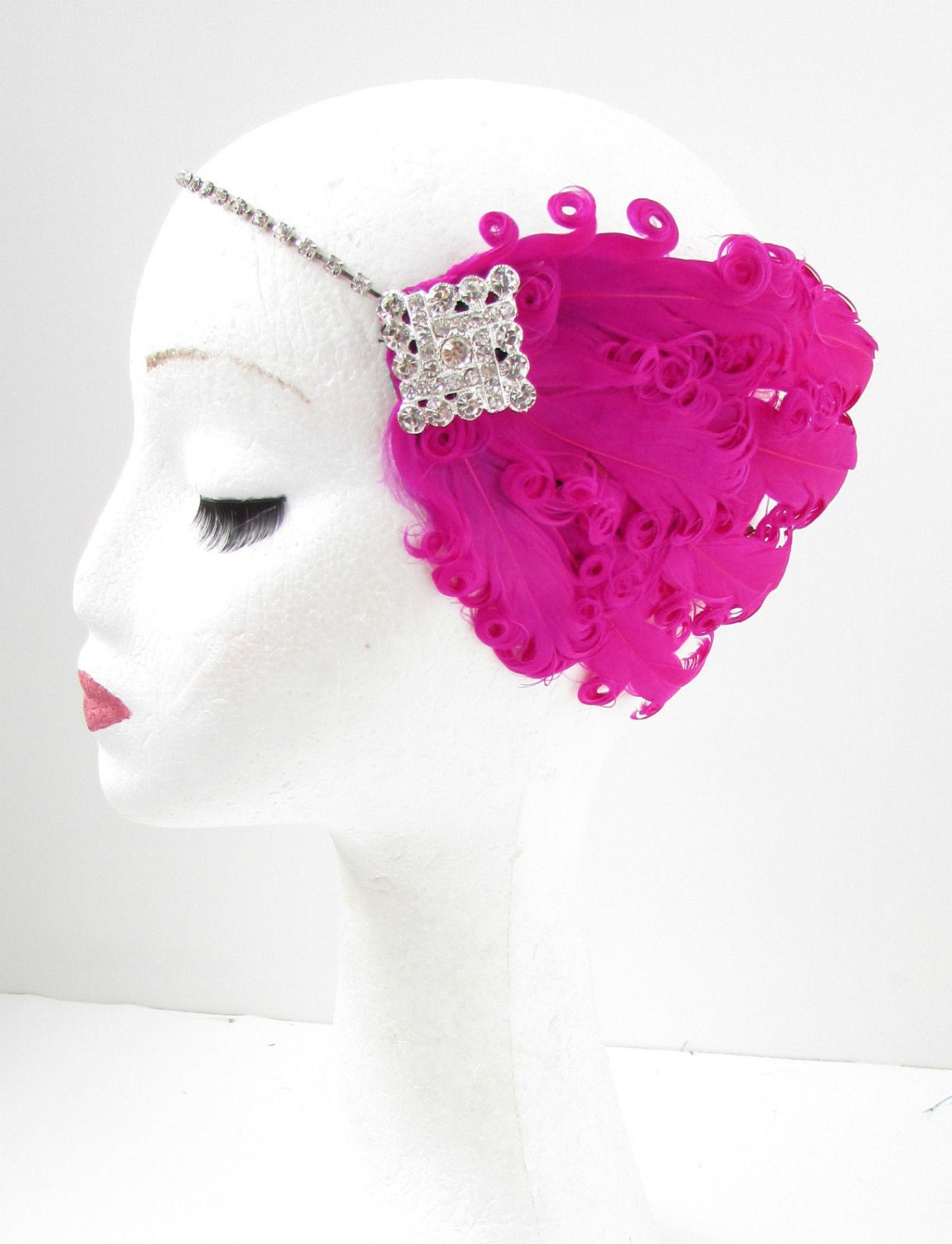 Hot Pink Feather Headpiece Fascinator Silver Flapper Vintage 1920s Headband O92