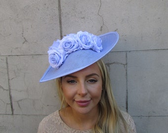 Large Light Cornflower Blue Periwinkle Bluebell Blue Rose Floral Flower Fascinator Hat Big Teardrop Wedding Races u11007