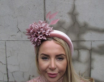 Blush Pink Dusky Pink Flower Feather Velvet Padded Headband Fascinator Headpiece Wedding Races Hairband Halo Floral sh-447