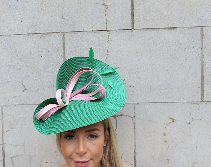 One off Piece Large Sage Green Olive Straw Style Hat Fascinator Wedding ...