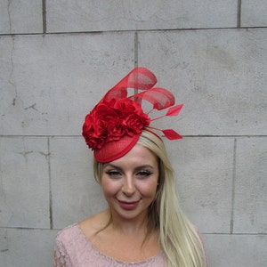 Red Rose Flower Fascinator Floral Pillbox Hat Sinamay Wedding Guest Races Ladies Day Hair Fascinator Headpiece Hairband or Clips u1z2