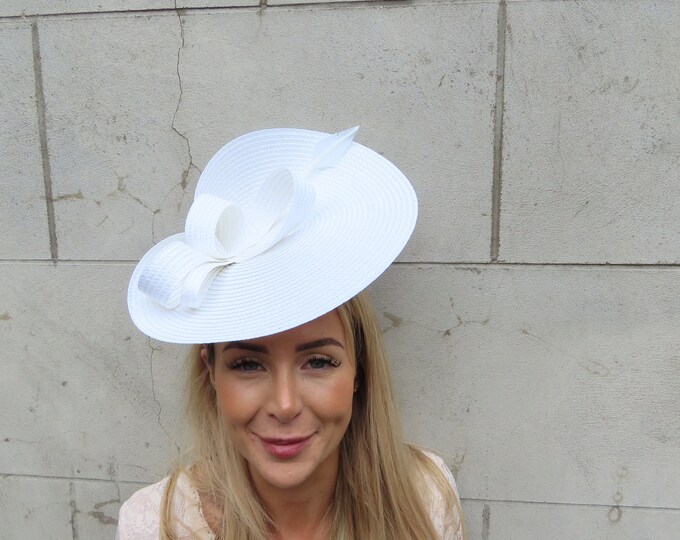 Large White Feather Straw Style Hat Fascinator Wedding Guest Races ...