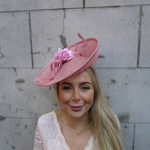 One off Piece - Large Dusky Pink Blush Floral Flower Sinamay Hat Wedding Fascinator Big Disc Saucer on a Headband Wedding Guest Races u10311