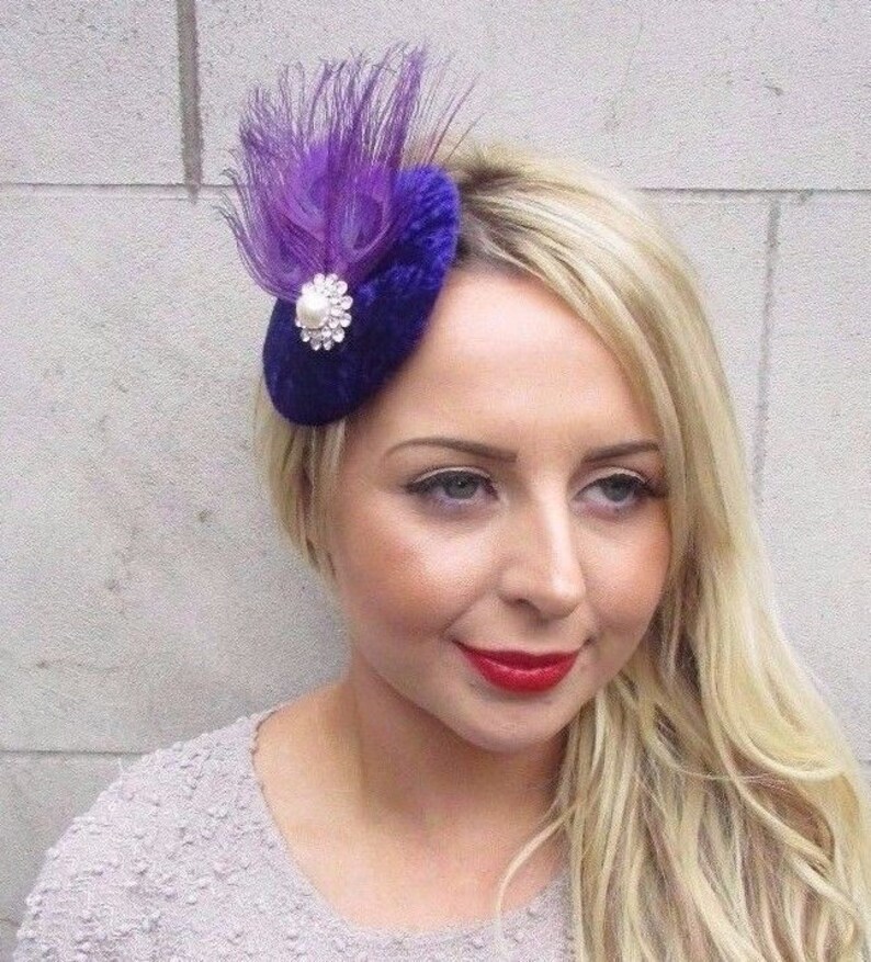 Purple Silver Feather Pillbox Hat Fascinator Hair Clip Races Vtg Wedding 3278