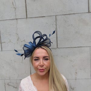 Navy Blue Feather Sinamay Fascinator Wedding Guest Headband Headpiece Races Modern One off Piece - u12207