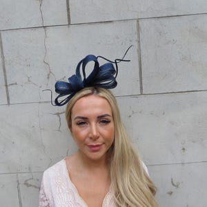 Navy Blue Feather Sinamay Headband Headpiece Races Wedding Guest Hairband Ladies Day Modern One off Piece - u12406