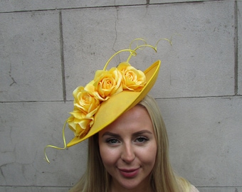 Large Yellow Rose Flower Feather Teardrop Fascinator Hat Races Hair Headband Wedding Races u1z36