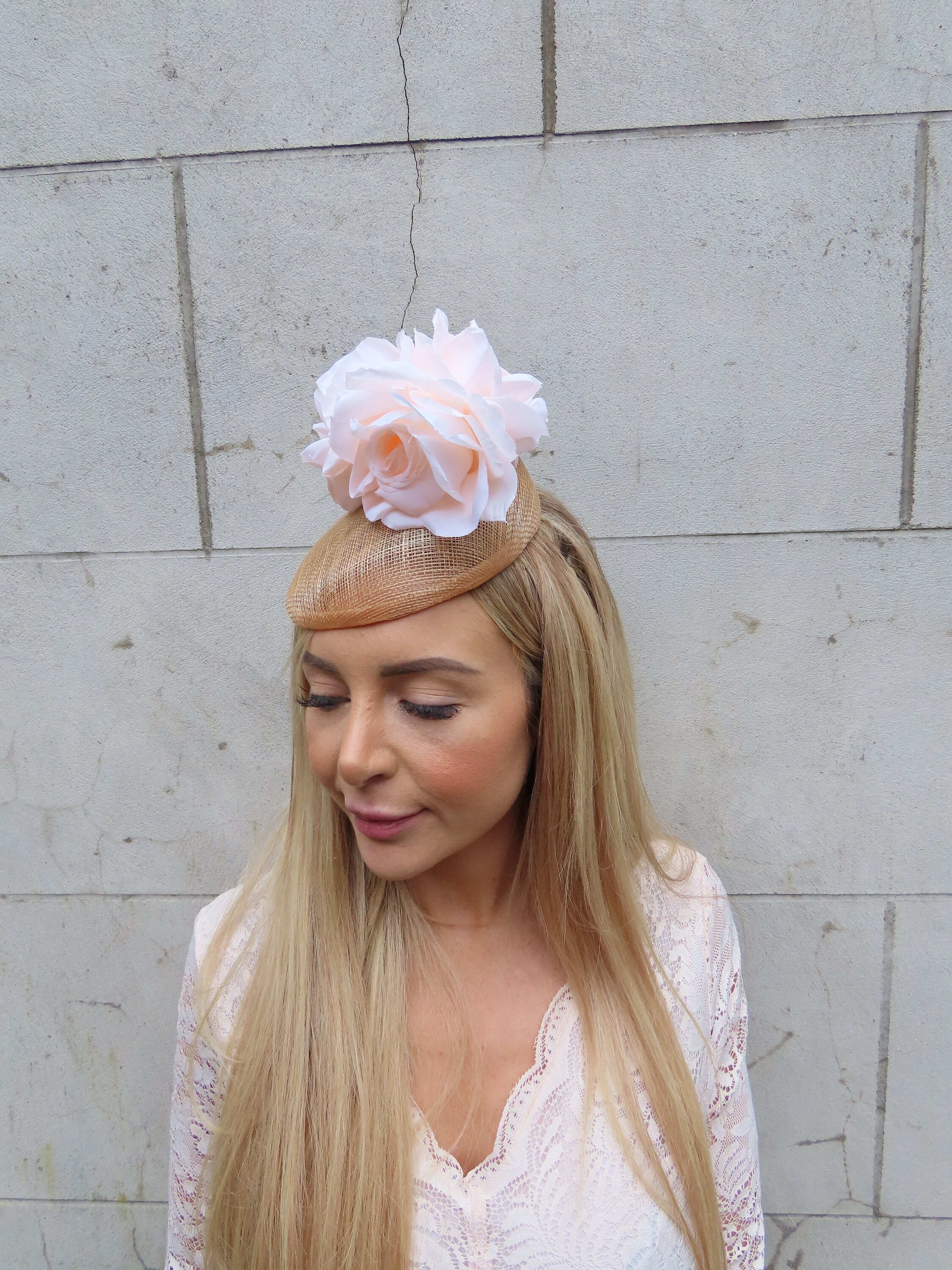 May❣️ Light Peach Apricot Sinamay Flower Fascinator Tilted Sloped