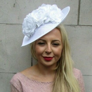 Large White Rose Floral Flower Teardrop Fascinator Hat Races Hair Headband sh-369