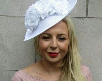 Large White Rose Floral Flower Teardrop Fascinator Hat Races Hair Headband sh-369