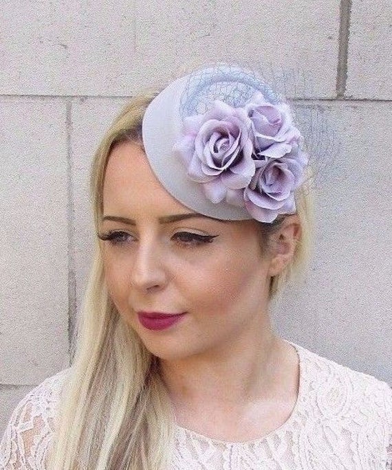 Grey Lilac Rose Flower Pillbox Hat Fascinator Races Wedding Hair Clip Hair 3740