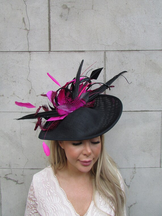 100% Wool Fuchsia Cloche Hat with Black Bow & Netting Fascinator Element; Large Sophia Black Wool Felt Cloche Hat with Felt Bow – Bronteshop main image 2