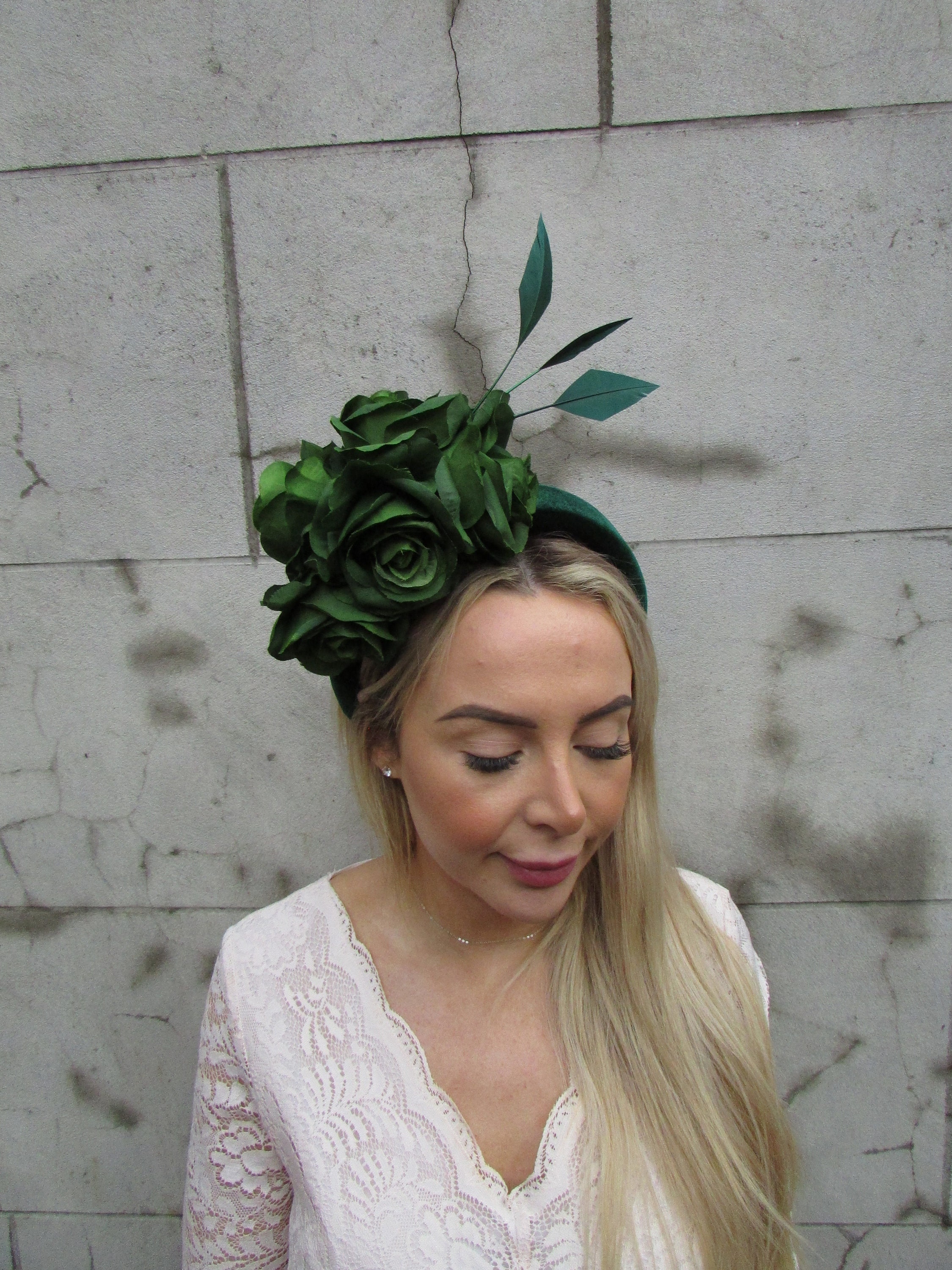 Rose Floral Dark Emerald Green Fascinator Flower Feather 